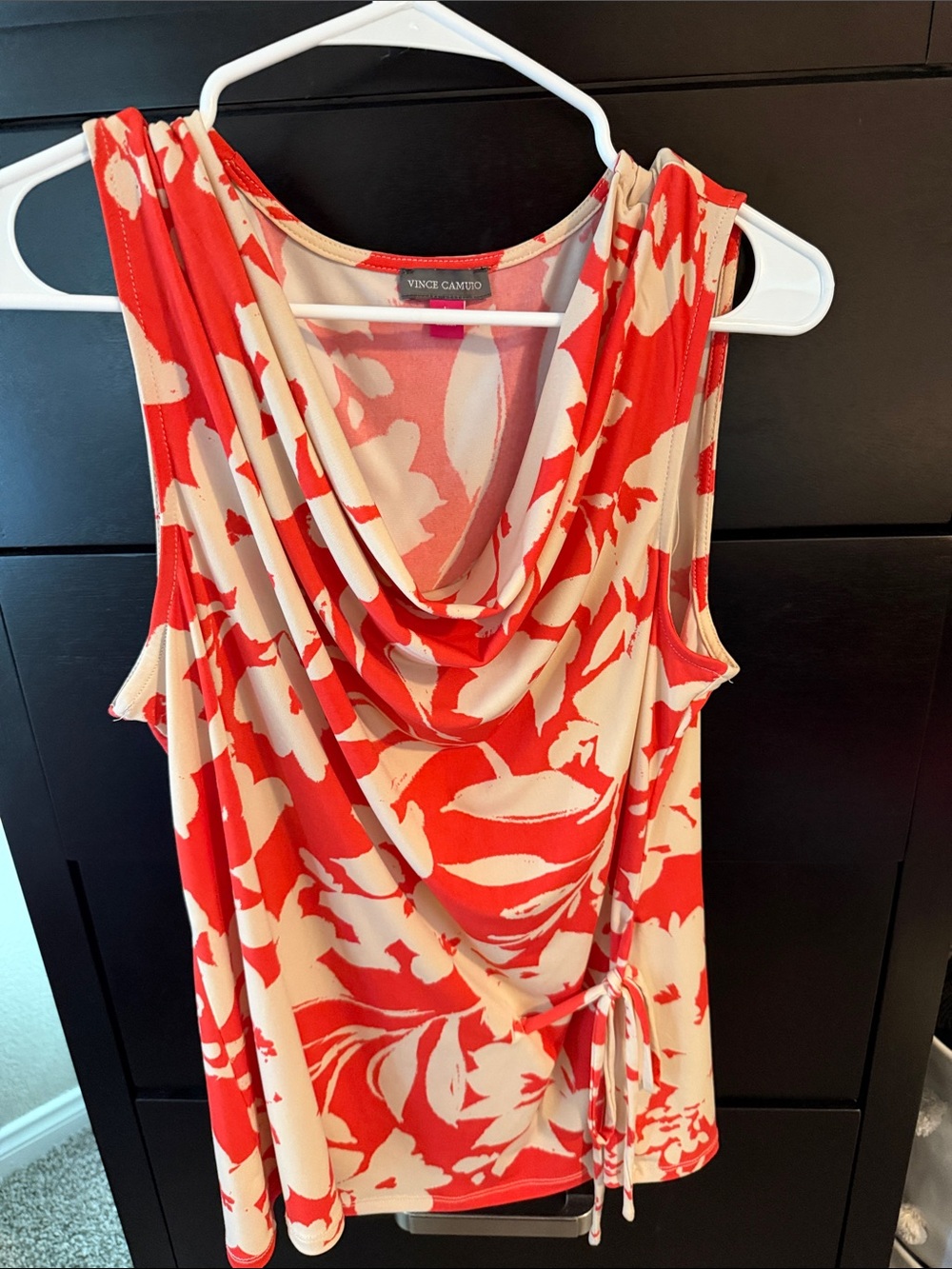 Vince Camuto Coral-Red & Cream Floral Drape Tank with Side Tie